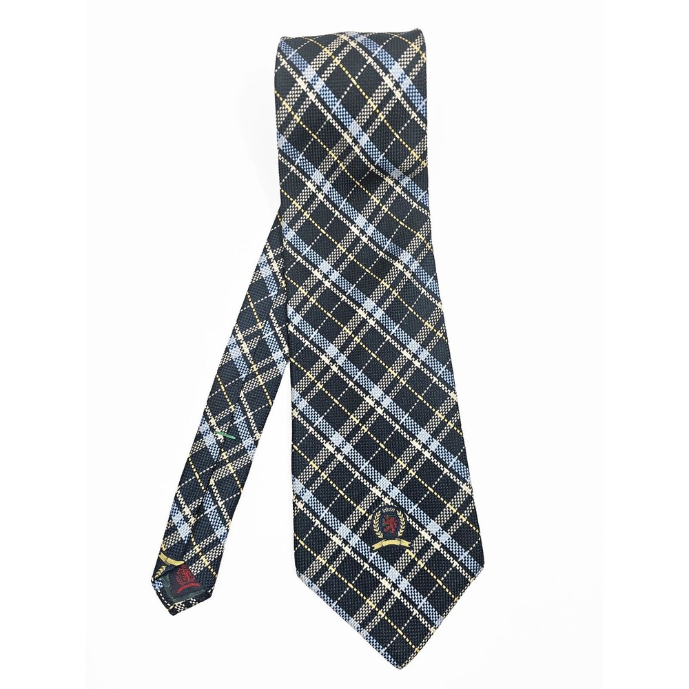 Tommy Hilfiger Silk Woven Plaid Vintage Tie Logo Blue Yellow Classic